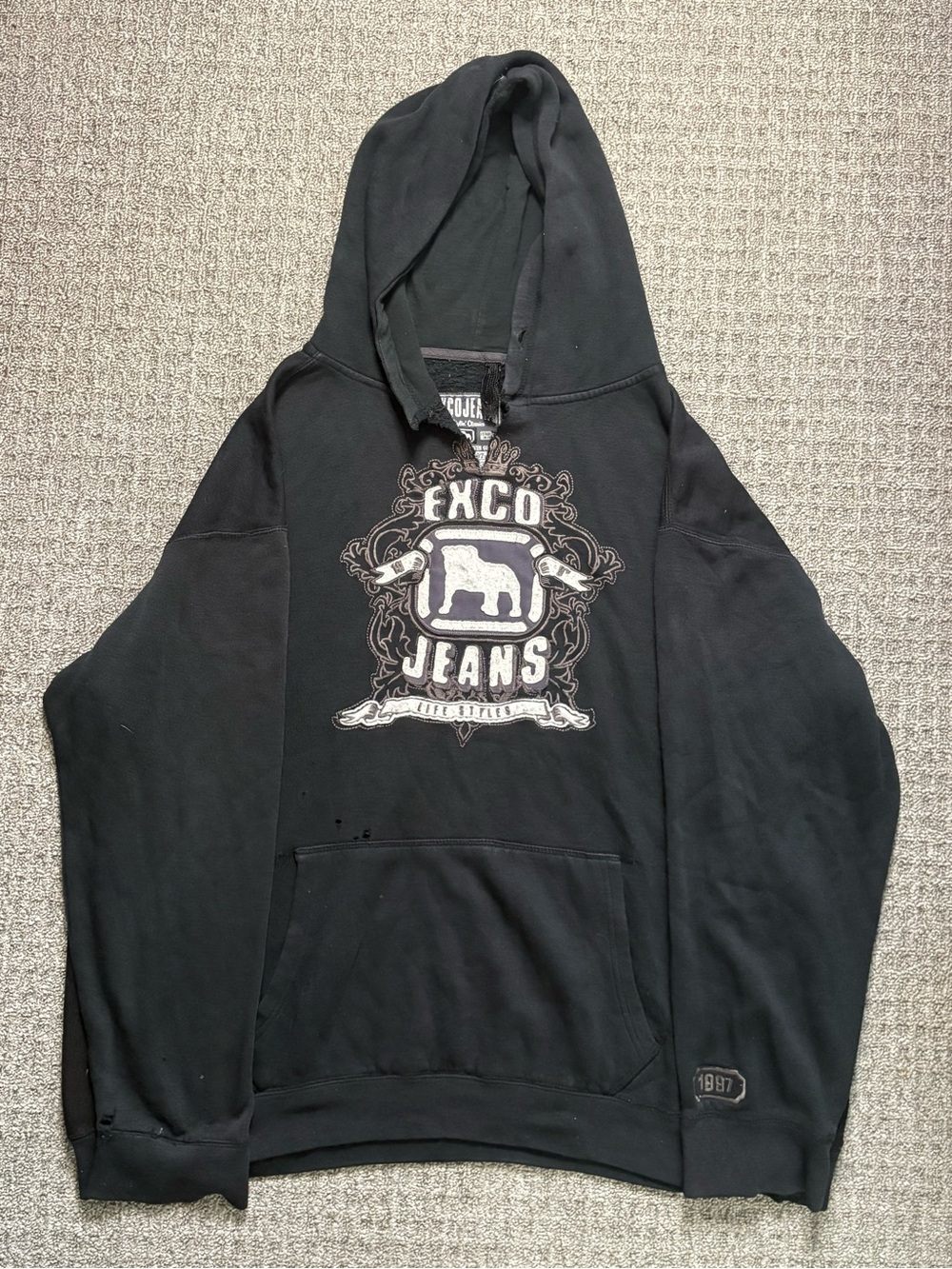 Y2K 2000s grunge style Distressed Exco Jeans Graphic Hoodie | $20